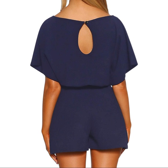 Short Batwing Sleeve Wide Leg Jumpsuit Romper - Picture 3 of 8